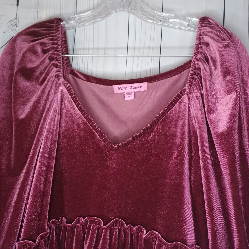 Betsey Johnson V-neck Mini Velvet Long Sleeve Dress in Burgundy - Picture 2 of 13